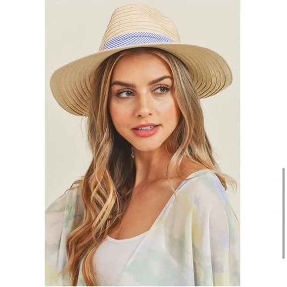 Straw creamy beige blue Womens hat - Picture 5 of 5